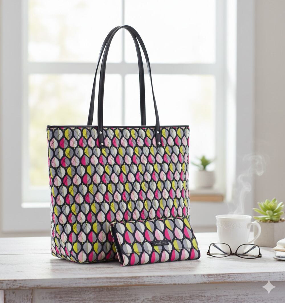 Vera Bradley Moon Drops Tote Shoulder Bag Purse & Turnlock Wallet Set Retro
